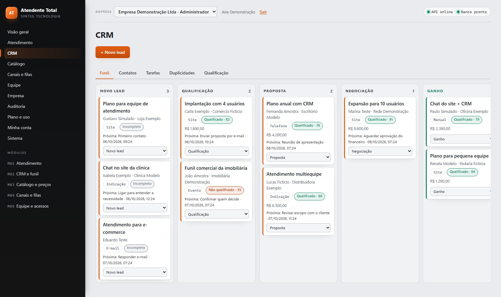Funil de vendas do CRM do Atendente Total com negócios nas etapas novo lead, qualificação, proposta, negociação e ganho